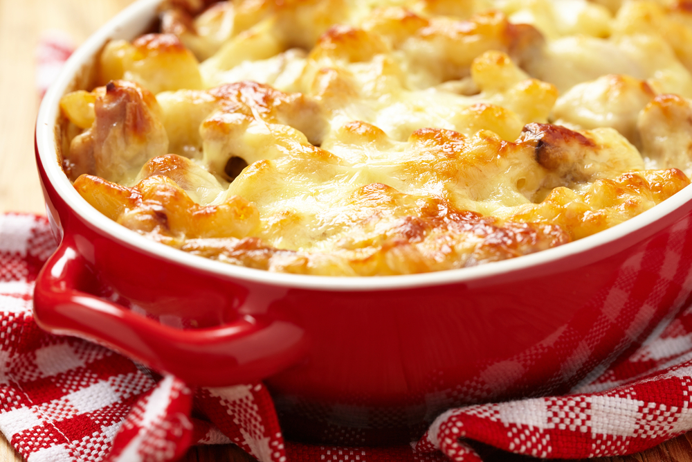 campbells pasta bake in red dish