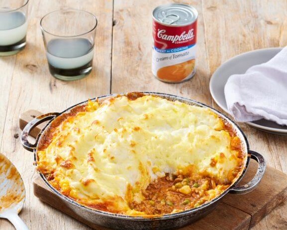 bowl of cottage pie next to can of Campbell's Condensed Soup